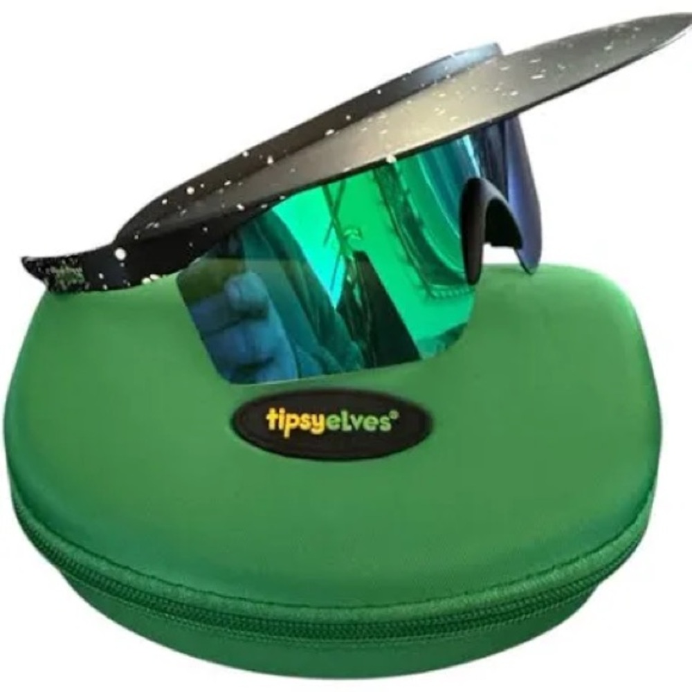Tipsy Elves Green Mirrored Visor Sunglasses With Hard Case Limited Style - Picture 4 of 11